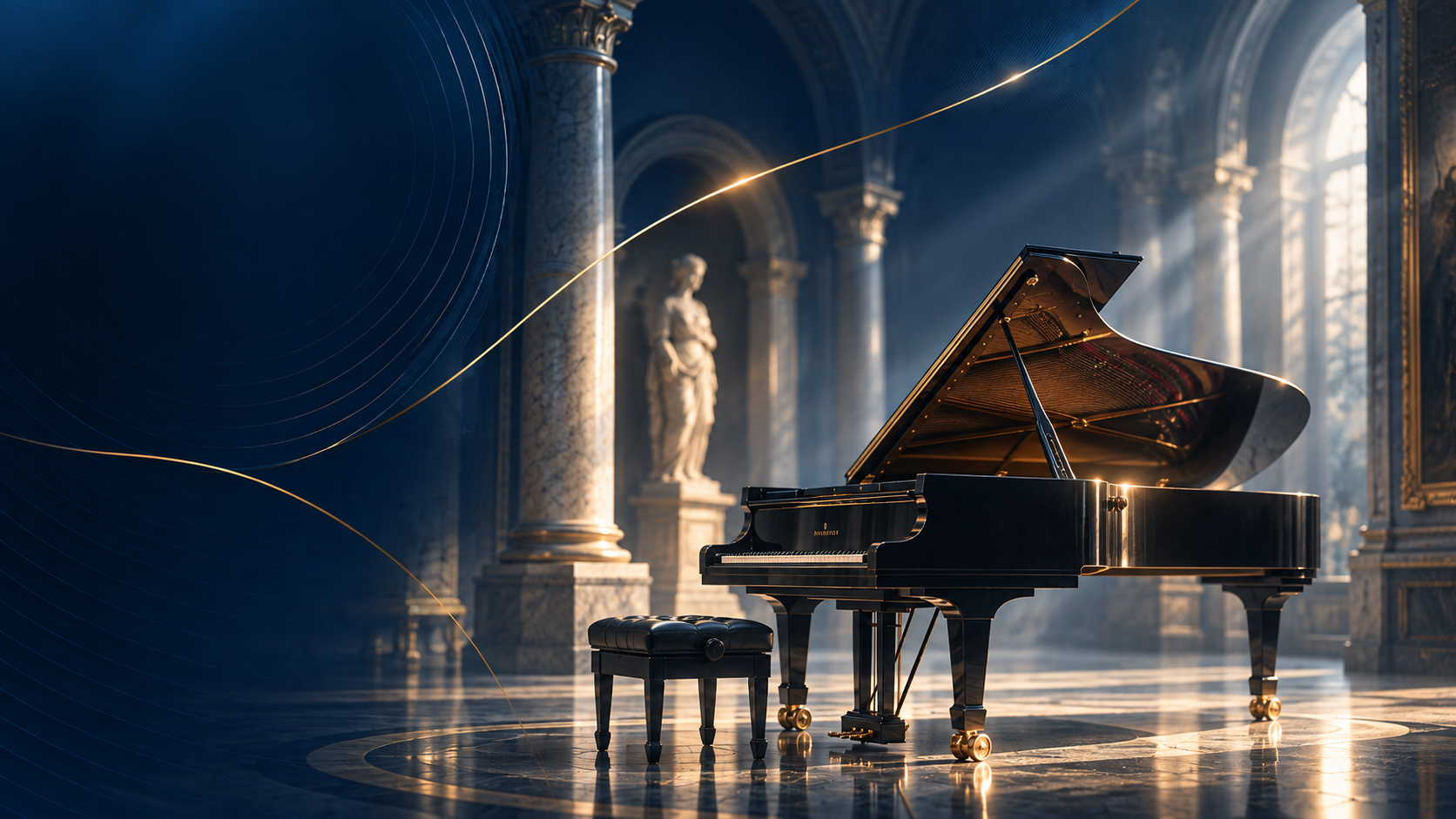 Grand piano in a classical gallery